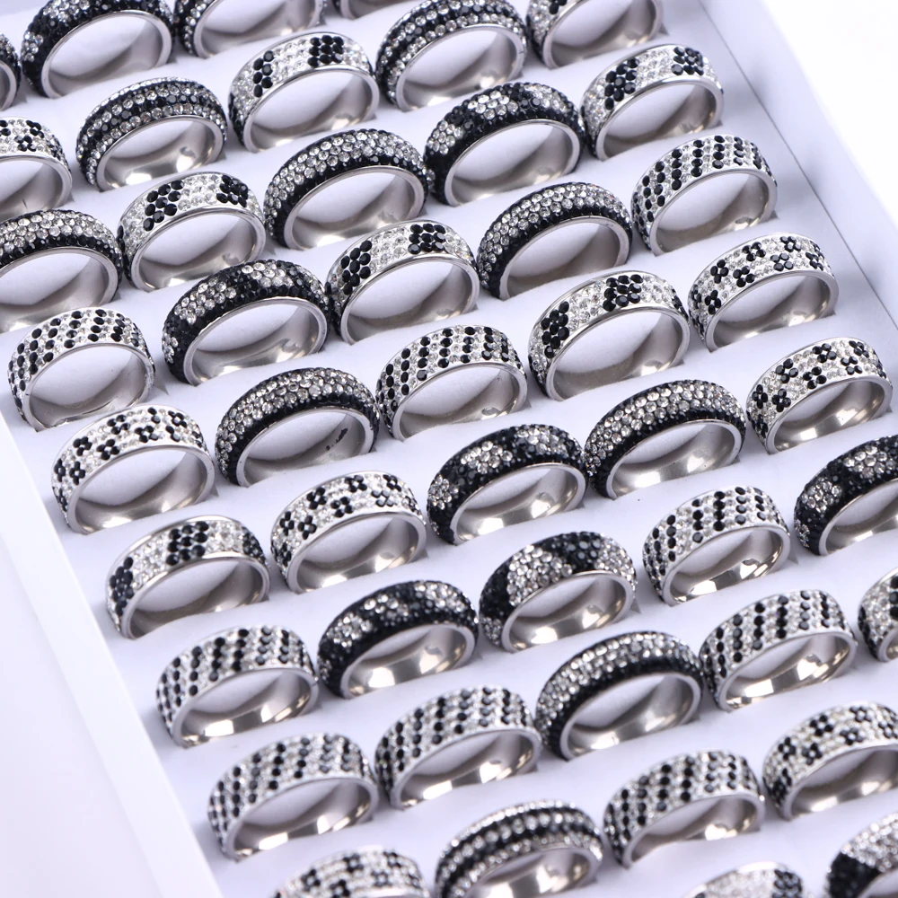 10Pcs/Lot Fashion Five Row Rhinestone Stainless Steel Rings For Women Men Classic Finger Jewelry Wedding Party Gifts Mixed Style