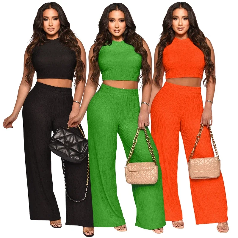 Spring Summer Solid Elegant Womans Clothing 2 Pieces Set Sleeveless Crop Top and Wide Leg Pants Matching Sets Outfits Clubwear