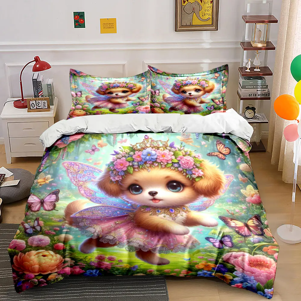 Fairy dog amidst butterflies and blooms Printed Duvet Cover Set1 Duvet Cover+2 PillowcaseMulti Size Bedroom Bedding Decor
