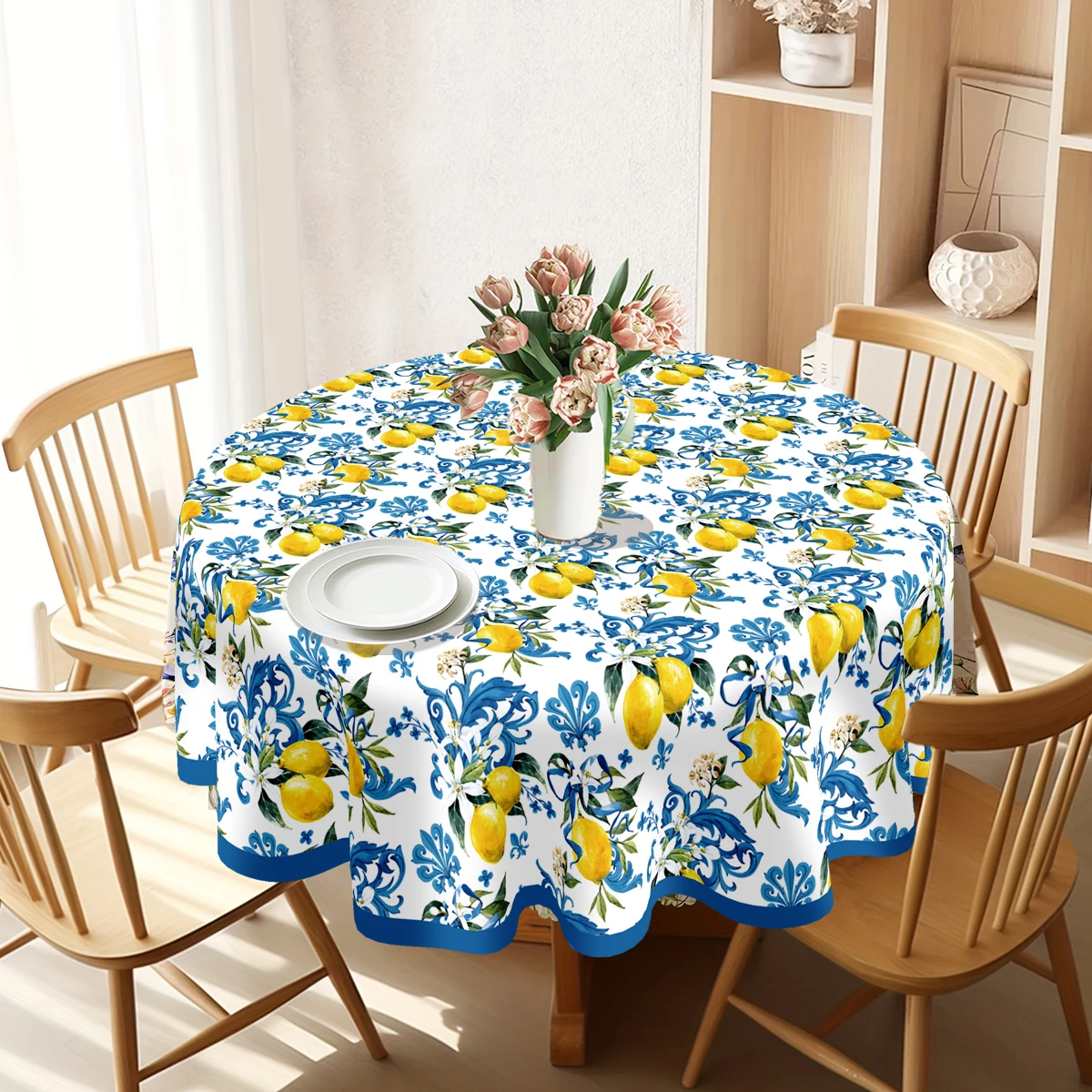 Blue Edge Lemon Polyester Round Tablecloth 1st Birthday Party Decorations Kids Favors Table Cover Wedding Baby Shower Supplies