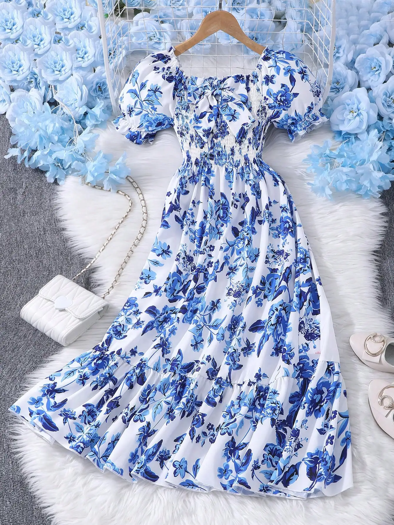 

Синее платье с цветочным принтом, бантом и короткими рукавами для женщин