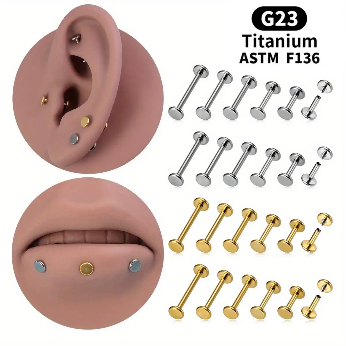 2pcs 3/4/5mm Titanium Flat Lip Stud Earrings Labret Piercing Tongue Ring Ear Cartilage Tragus Helix Bar Body Jewelry 6-10mm