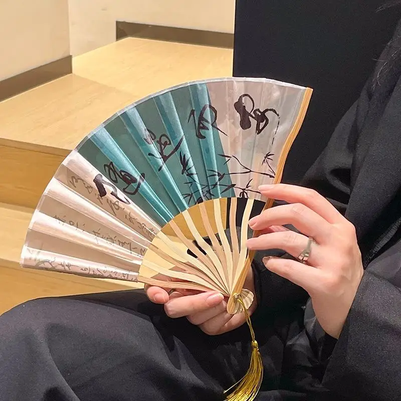 New Silk Chinese Japanese Folding Fan Bamboo Colorful Shank Classical Dance Fan Tassel Elegent Female Fan Home Decoration
