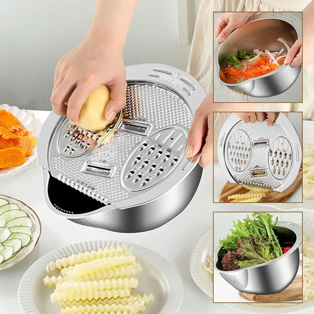 Stainless Steel Drain Basket 3 in 1 Colanders Basin Multifunctional Slicer Basin Vegetable Graters Drainage Thickened Kitch Z6C0