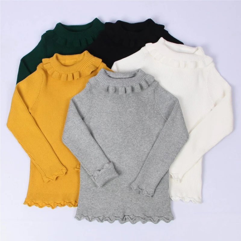 Kids Girls Ruffle Sweaters 2024 New Children Knitted Pullovers White Gray Turtleneck Tops Autumn Winter Thin Cotton Undershirts