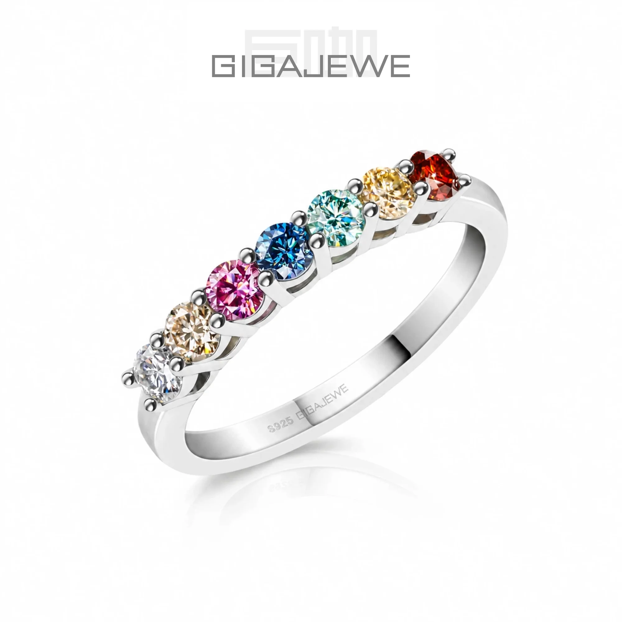 GIGAJEWE Moissanite 0.7ct 3.0mm Rainbow VVS1 Round Cut 925 Silver Half Circle Row Ring Diamond Test Passed Woman Girl Gift