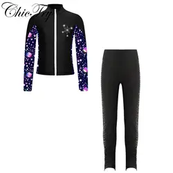 Kids Girls Sports Outfits Long Sleeve Full Zip Figure Skating Jacket and Athletic Leggings Sets Gymnastics Workout Tracksuit