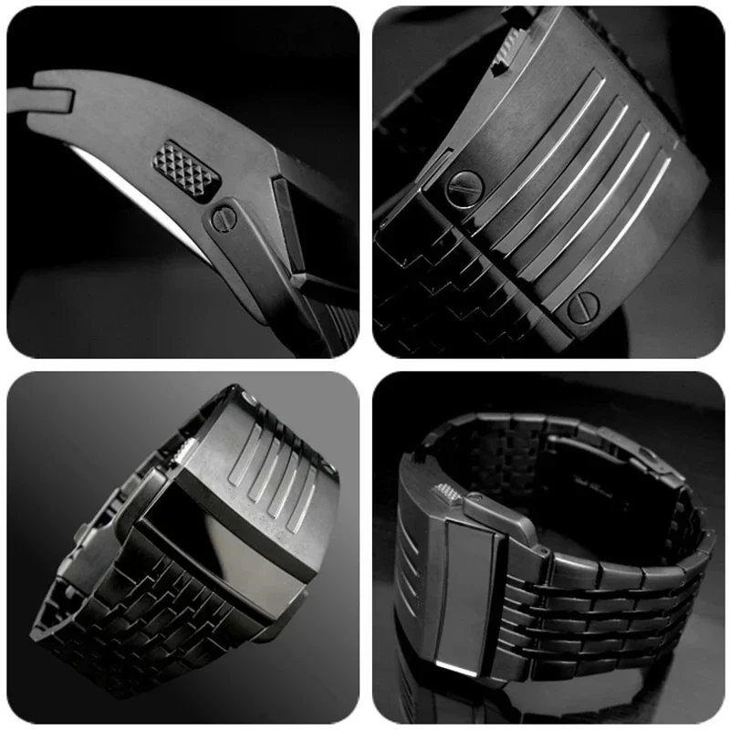 Fashion Electronic Watch Blue LED Display Wide Stainless Steel Band Men Digital Wrist Watch Gift