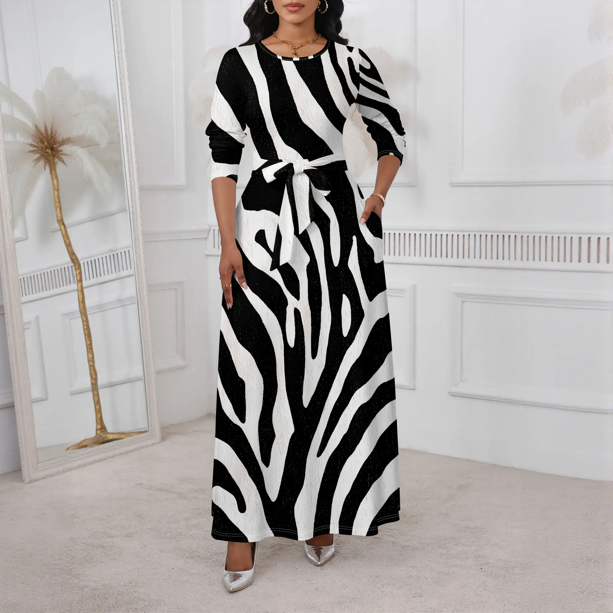 

Black White Zebra Print Maxi Dress XS-3XL Round Neck Long Sleeve Belted Style for Monochrome Party, Streetwear or Cultural Event