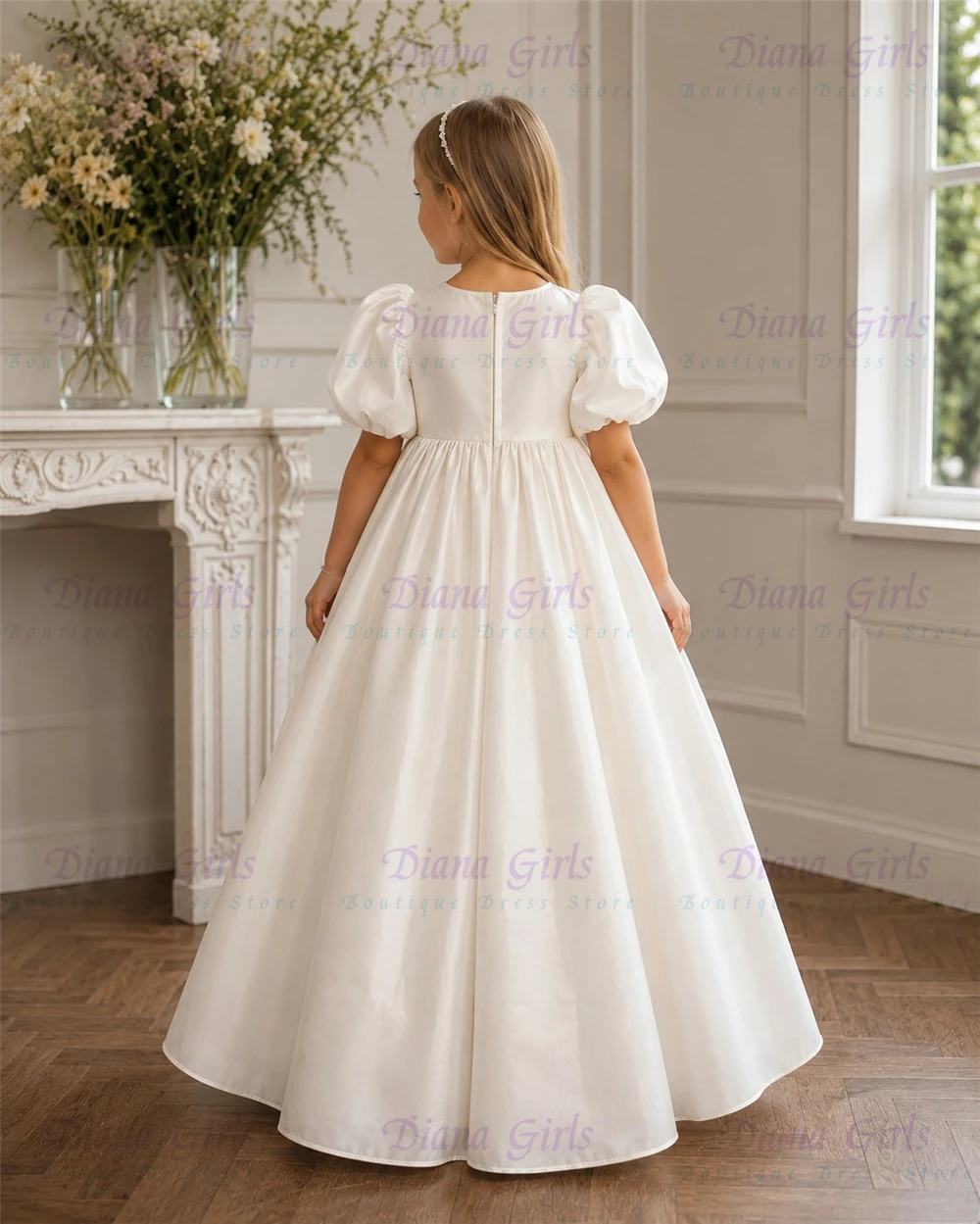 Quality Lovely Ivory Satin Fluffy A-Line Flower Girl Dress For Kids Wedding Birthday Party Ball Evening Gowns Customizable