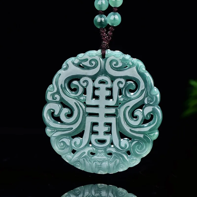 Natural Real Emerald Blue Water Fushou Character Pattern Pendant Necklace Jewelry Hollowed-out Double-sided Gift Certificate