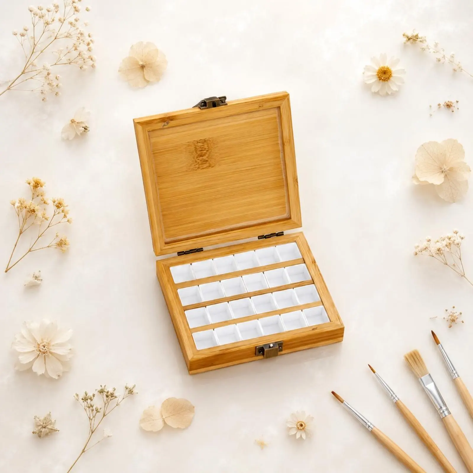 Compartmented Watercolor Box Bamboo Wood Wooden Paint Box Hinged Wooden Case Portable Locking Art Toolbox Multi-Function