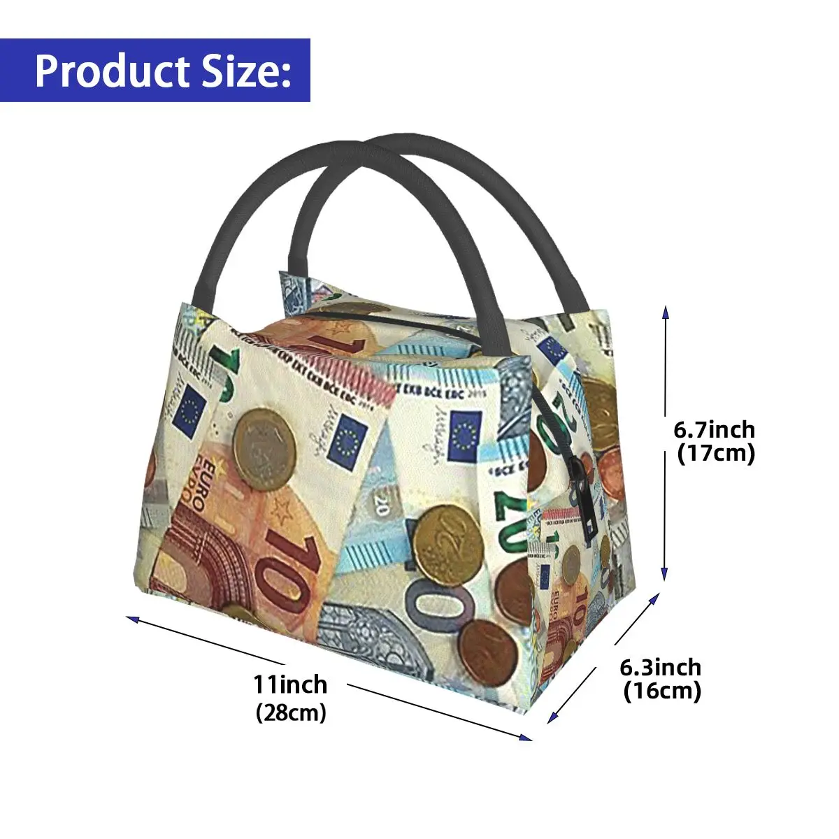 Euro Banknotes And Coins Insulated Lunch Bag for Women Children Portable Food Boxes Thermal Lunch Box Tote