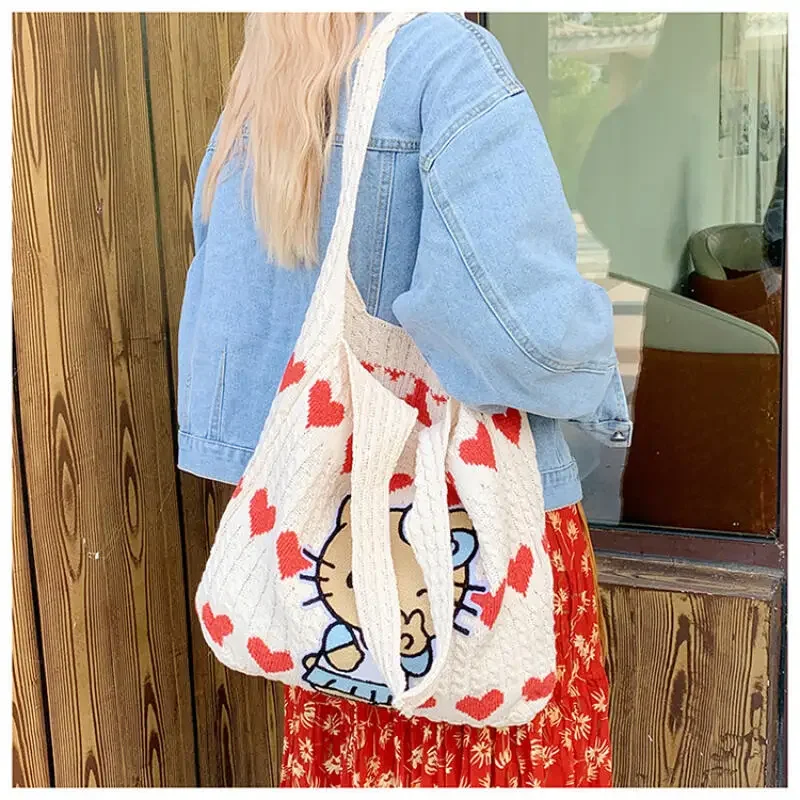 

Сумка через плечо Hello Kitty, милая вязаная сумка ручной работы, большая вместительная сумка-тоут для отдыха, сумки для женщин