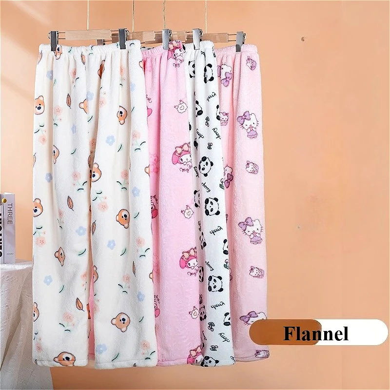 

Kawaii Flannel Sleep Bottoms Women Pajamas Pants Outside Cartoon Coral Fleece Lazy Soft Female Sleepwear Pant Home Autumn Winter