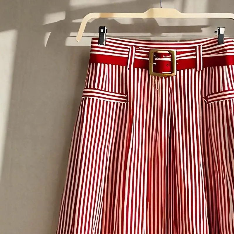 Chiffon A-line Striped Umbrella Skirt Women's High Waisted Temperament Pleated Skirt Vintage Faldas Largas Summer