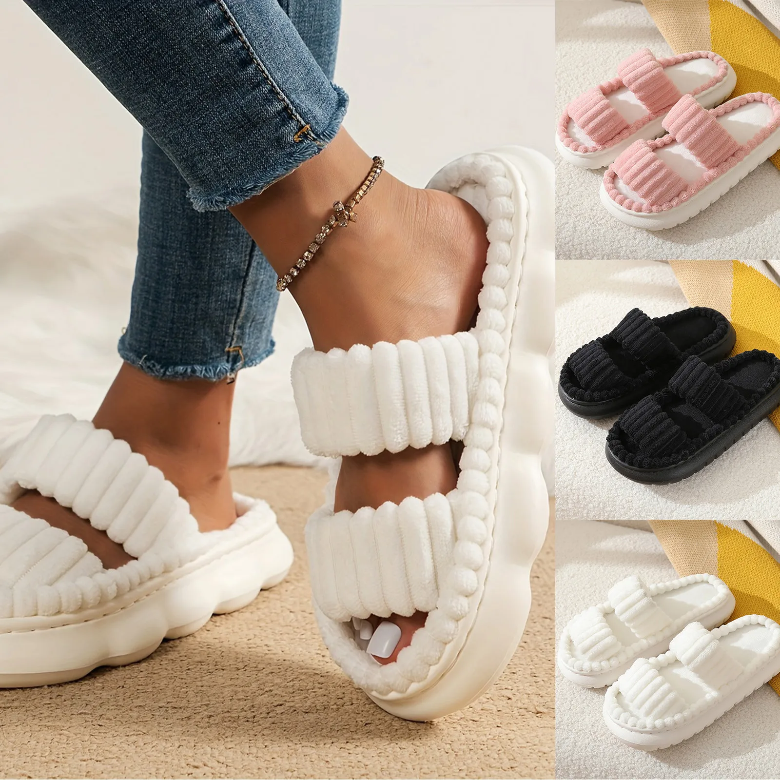 Women'S Corduroy Slippers Cute Memory Foam Bedroom Home Slippers 2024 Women'S New Outerwear Non-Slip Thick Soled Plush Slippers