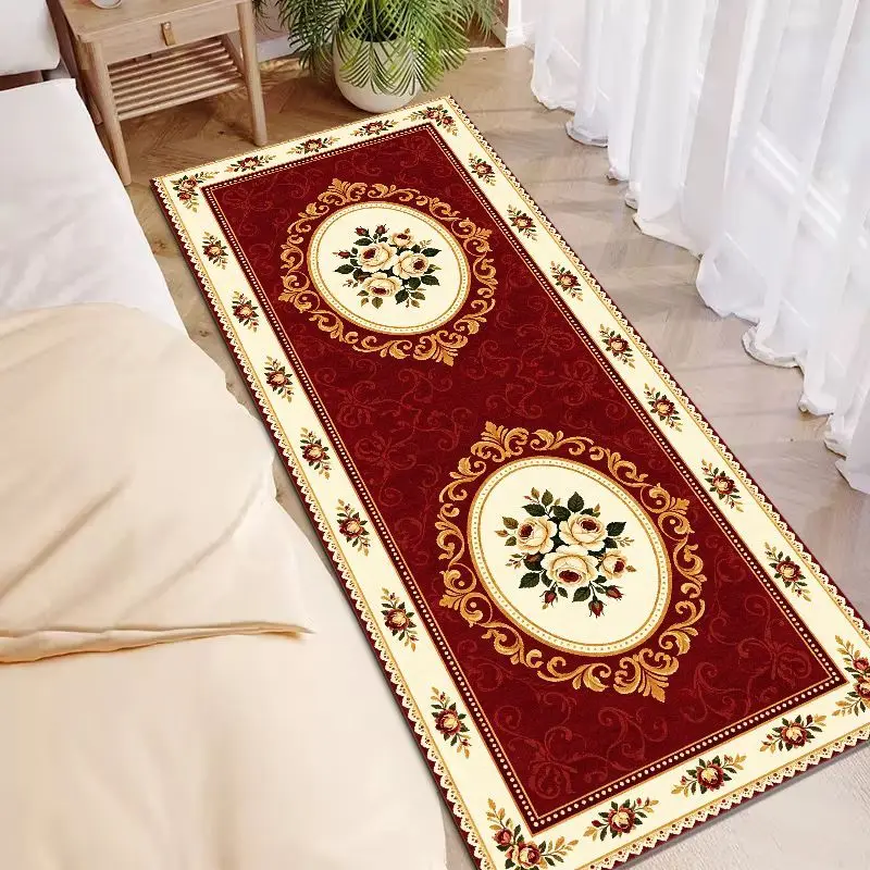 VIKAMA Vintage Red Floral Long Corridor Runner Rug, Non-Slip Washable Hallway Carpet, Bedroom Bedside Mat Home Decor