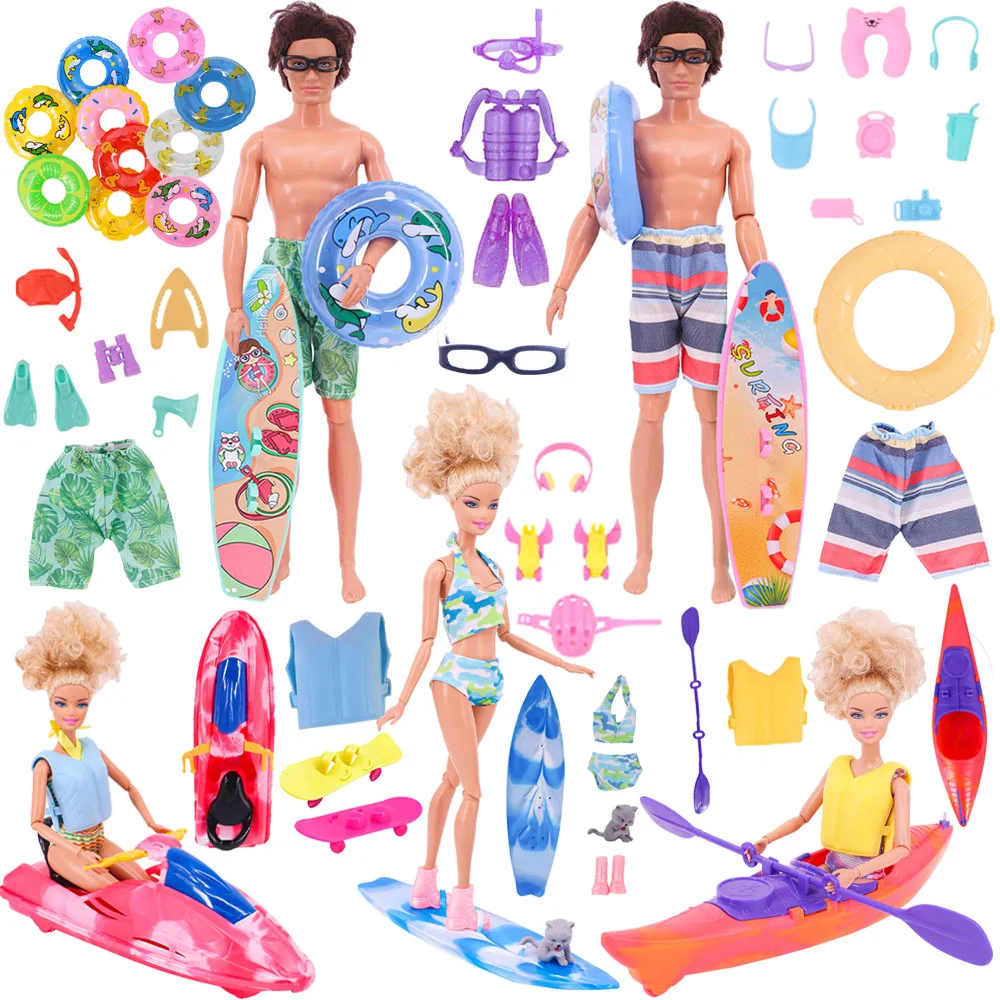 Doll Accessories Swimming Circle,Swimsuit,Skateboard,Canoe, Motorboat,Life Jacket,For Barbiees&Ken Doll Sunbathing On The Beach