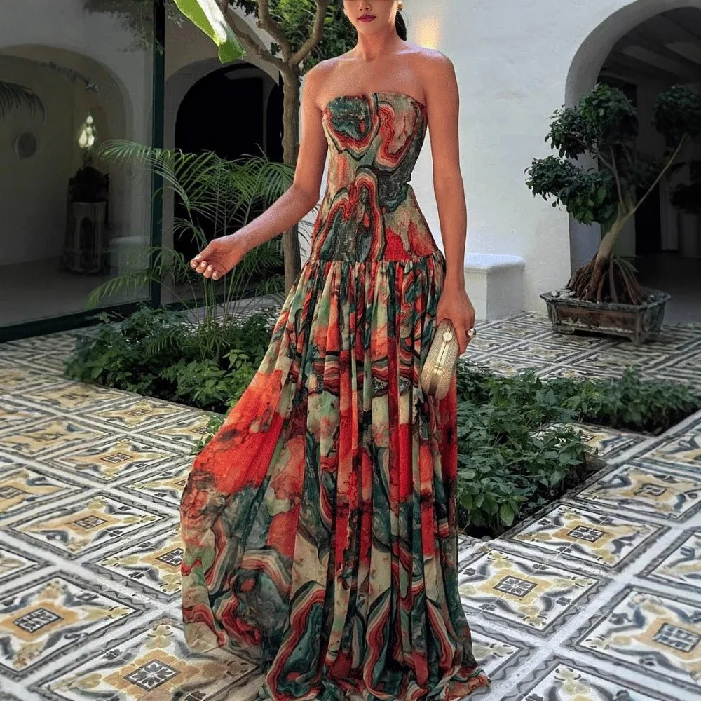 

Chest-wrapped Slim-fitting Printed Dress Spring Summer Women's New Style Sleeveless Long Dress Elegant Party Dresses Ropa Mujer