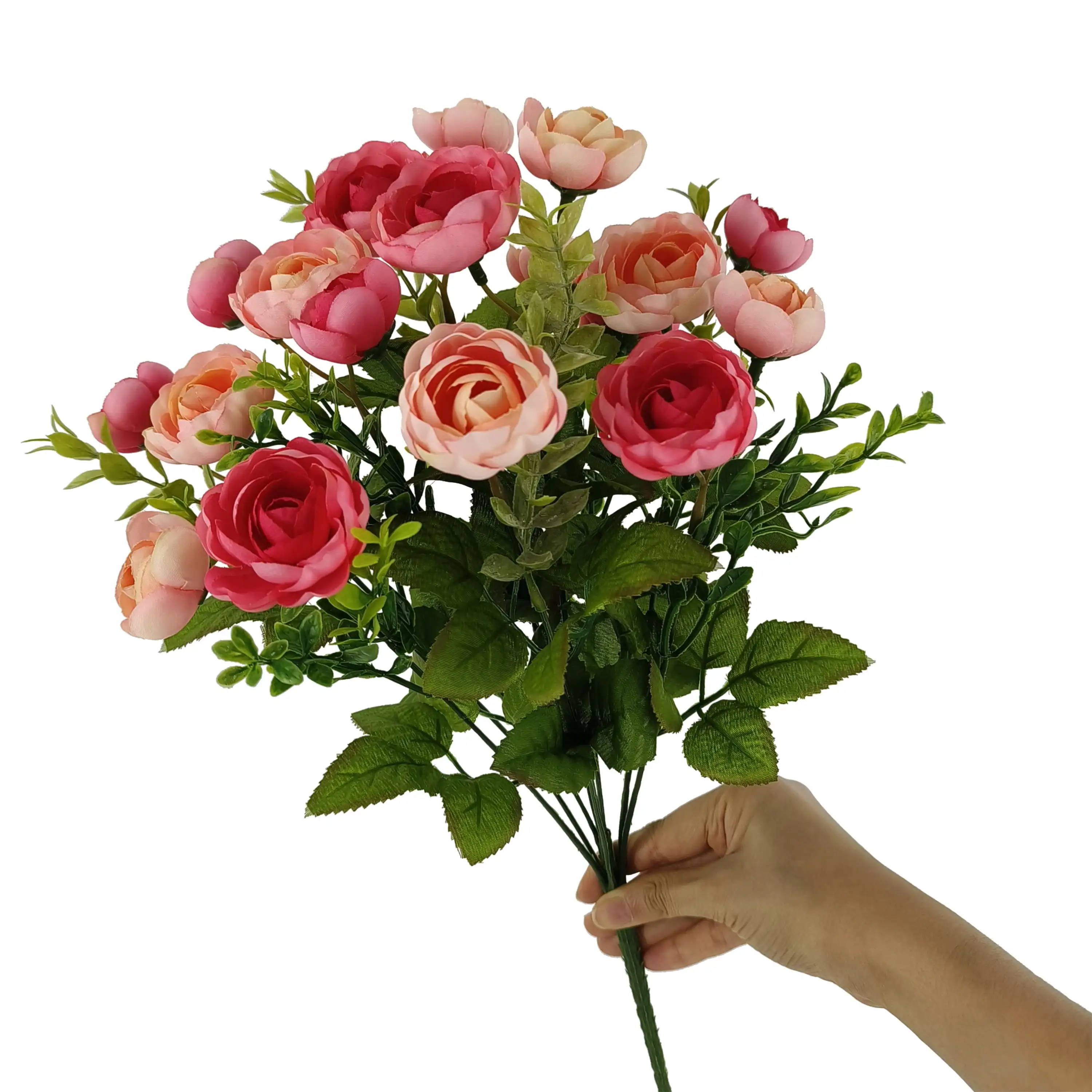 17in Indoor Artificial Mini Ranunculus Bush with Leaves, Orange Color.