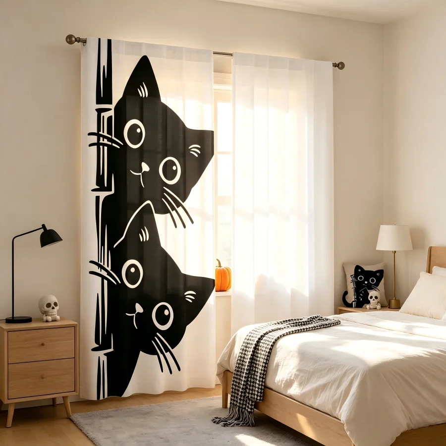 2PCS Digital Print Curtain, Two Cute Black Cats Peeking Behind Bamboo, Kawaii Halloween Style for Living Room Bedroom Decor