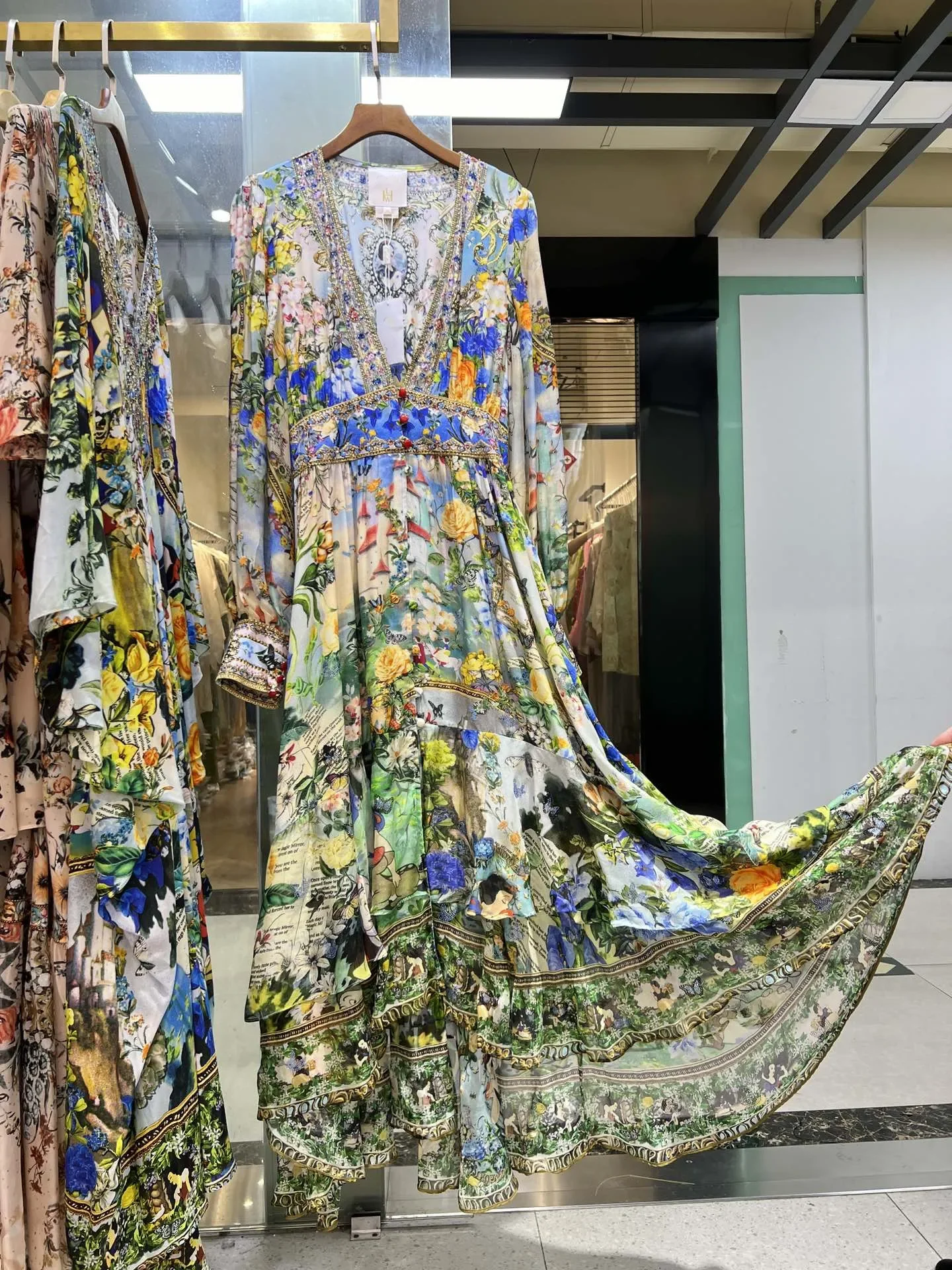 Women Irregular Hem Robe Retro Printed Beaded V-Neck Long Sleeve Elegant 100% Silk Maxi Dress