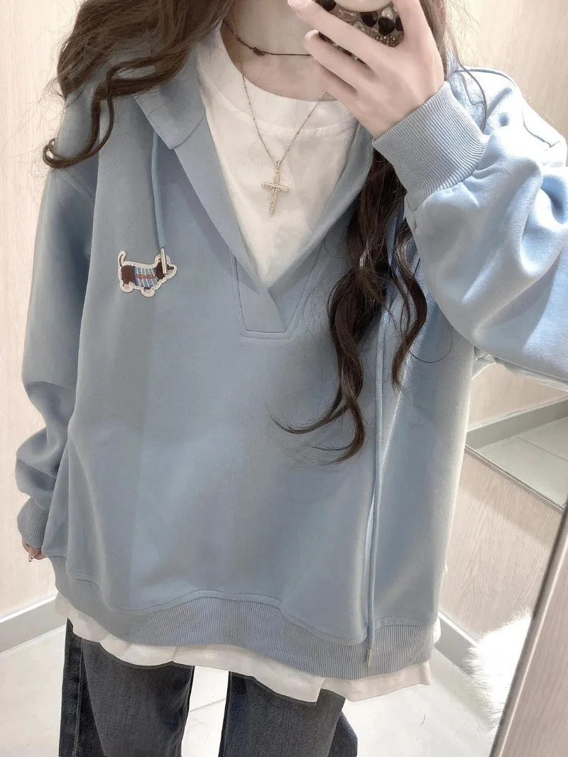 Fake Two Piece Casual Pullovers Sausage Dog Embroidered Sweatshirt Women Loose Lazy Style Chic Design Hoodies for Spring Autumn