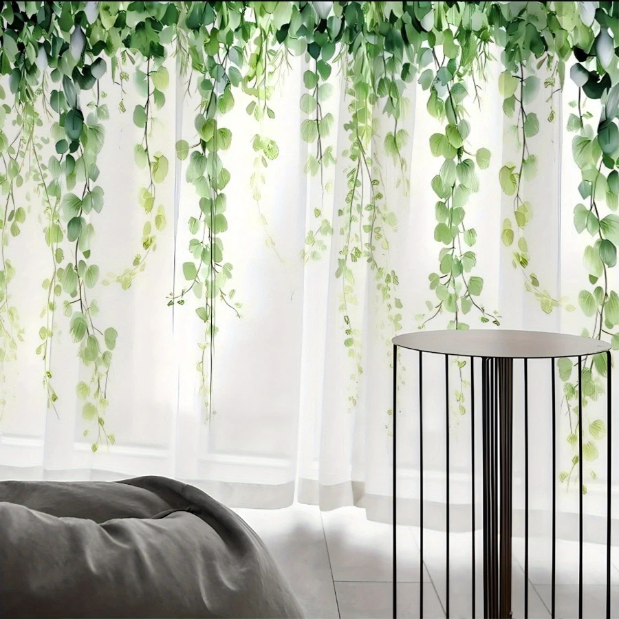 2PCS Digital Print Sheer Curtains, Hanging Pothos Green Leaves, Tropical Botanical Plant for Bedroom Living Room Home Decor
