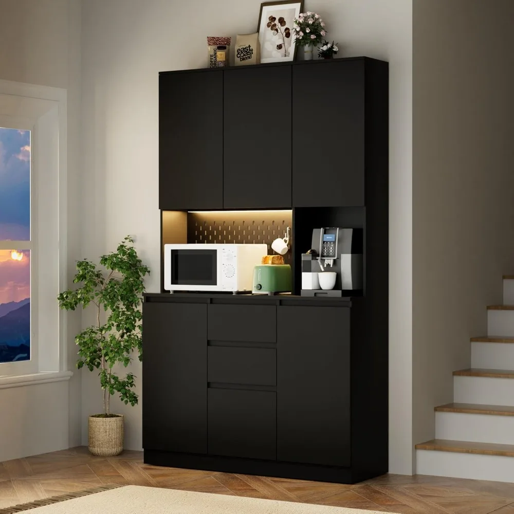 

"74-Inch Pantry Cabinet with Built-in Power Outlet, Kitchen Hutch Featuring Storage and Microwave Shelf, Black Storage Cabinet f