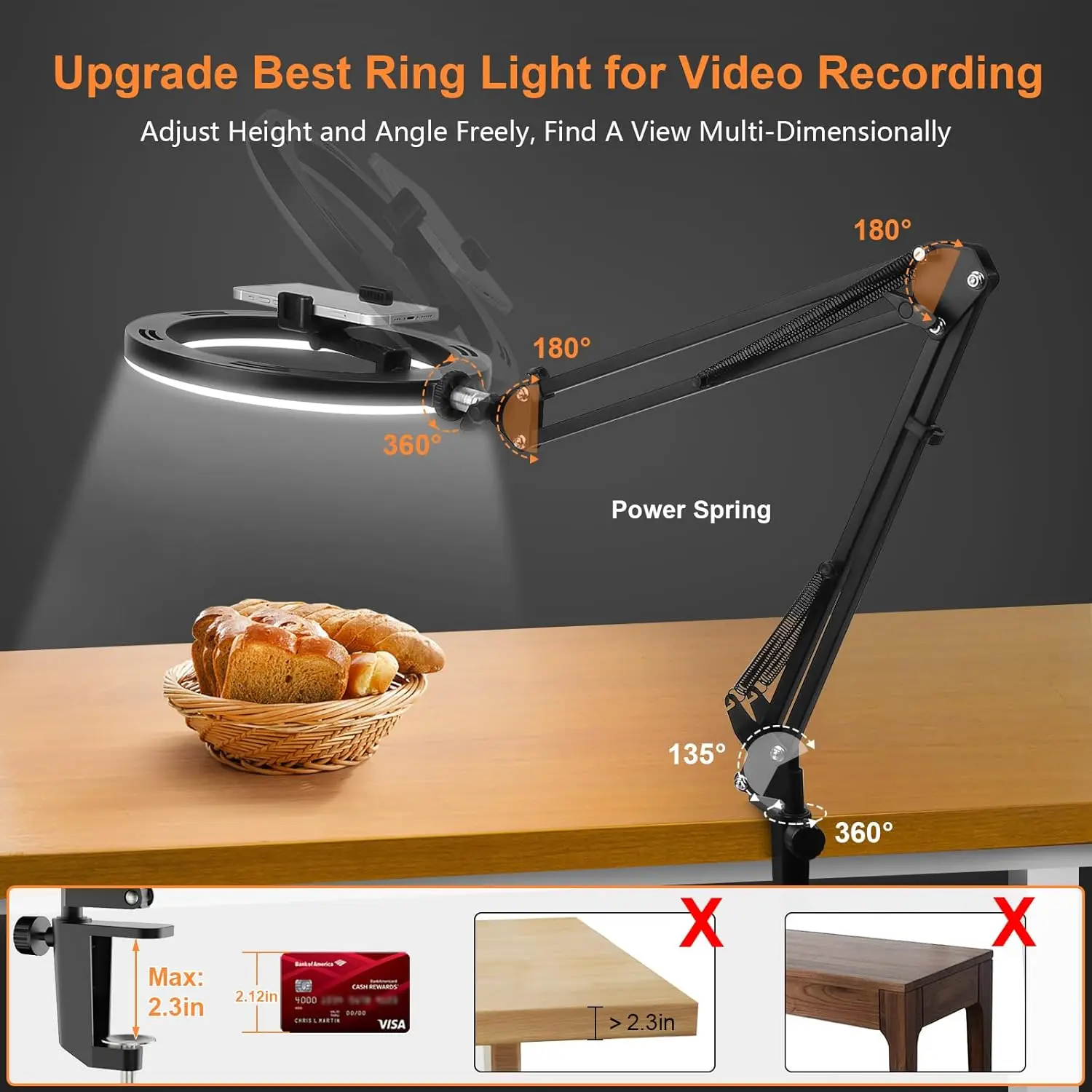 Ring Light Overhead Phone Mount LED Selfie Light with Stand and Phone Holder，LED Desk Light for Video Recording, Live Streaming