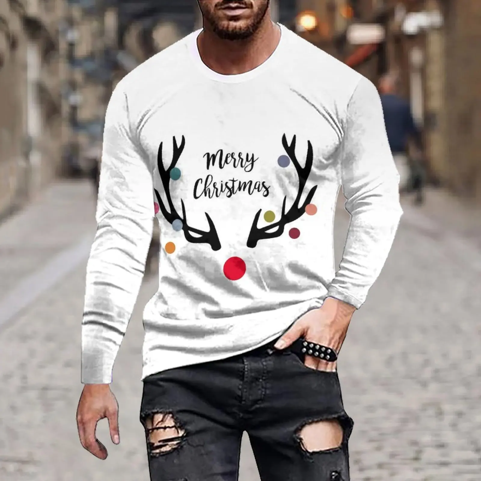 

Funny 3D Christmas Elk Pattern Men's Long Sleeve T-shirt Casual O-neck Loose Pullover Fashion New Year X'mas Tops Autumn T Shirt