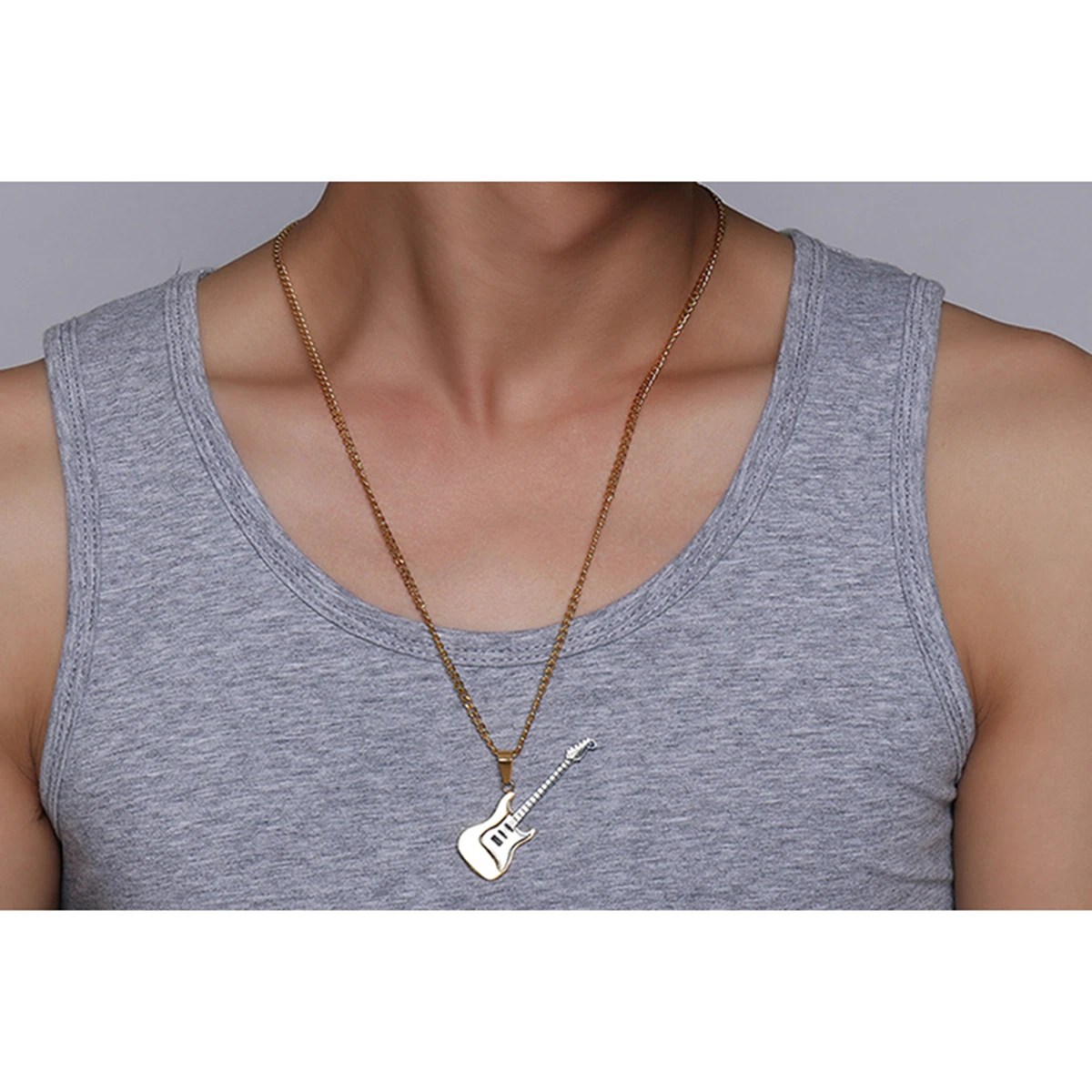 

Guitar Shaped Pendant Men'S Stainless Steel Necklace Gold Tone Diamond Studded Sweater Chain Accessory For Music