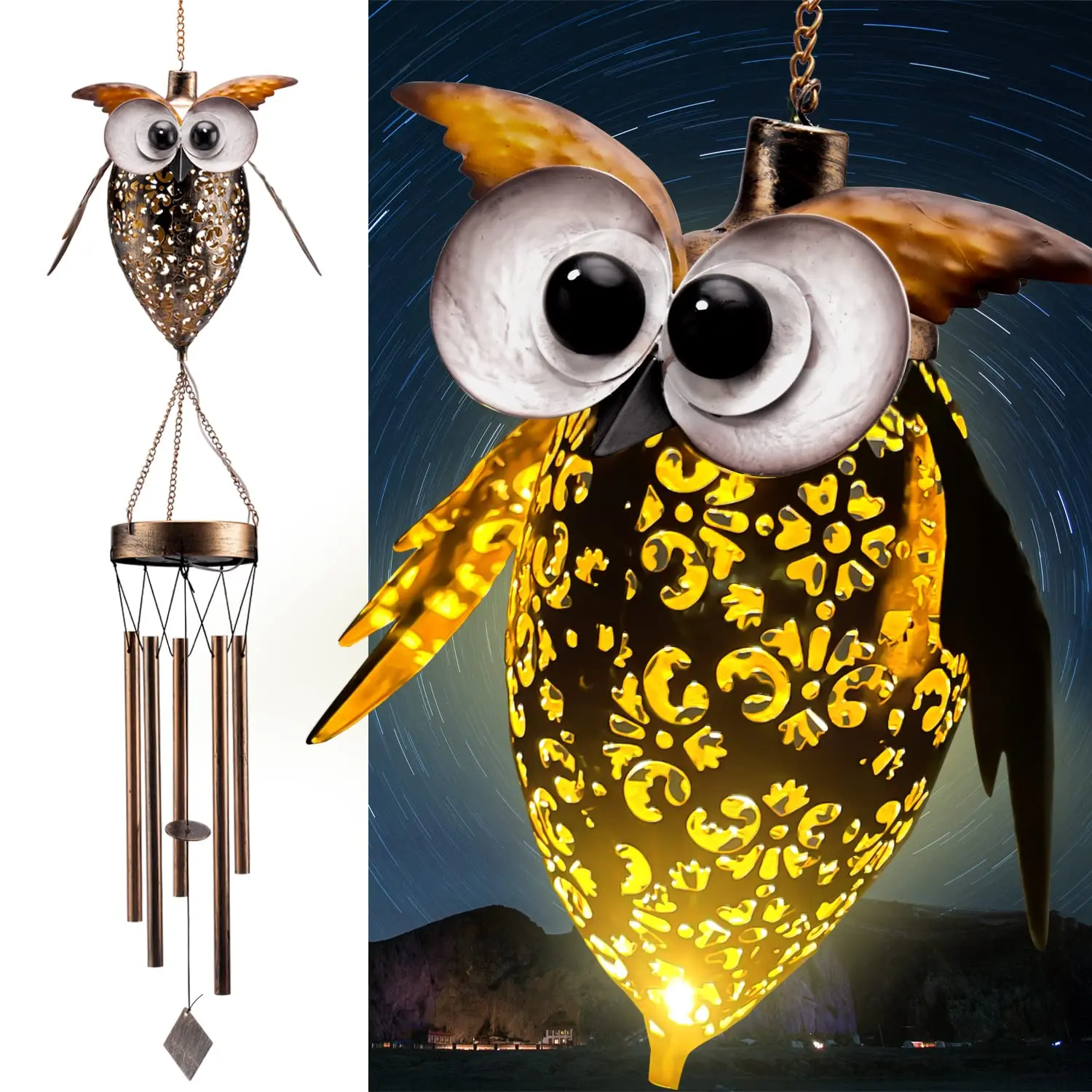 

Solar Owl Wind Chimes Lamp Outdoor Decoration Chime Pipes Metal Windchimes Outdoors Garden Yard Patio Hanging Light Ornament