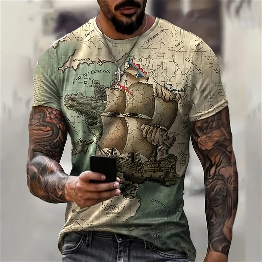 Pirate Ship Pattern 3D Print T-Shirts Men's Short Sleeve T Shirt O-Neck Oversized Hip Hop Tees Harajuku Y2K Tops Man Clothing