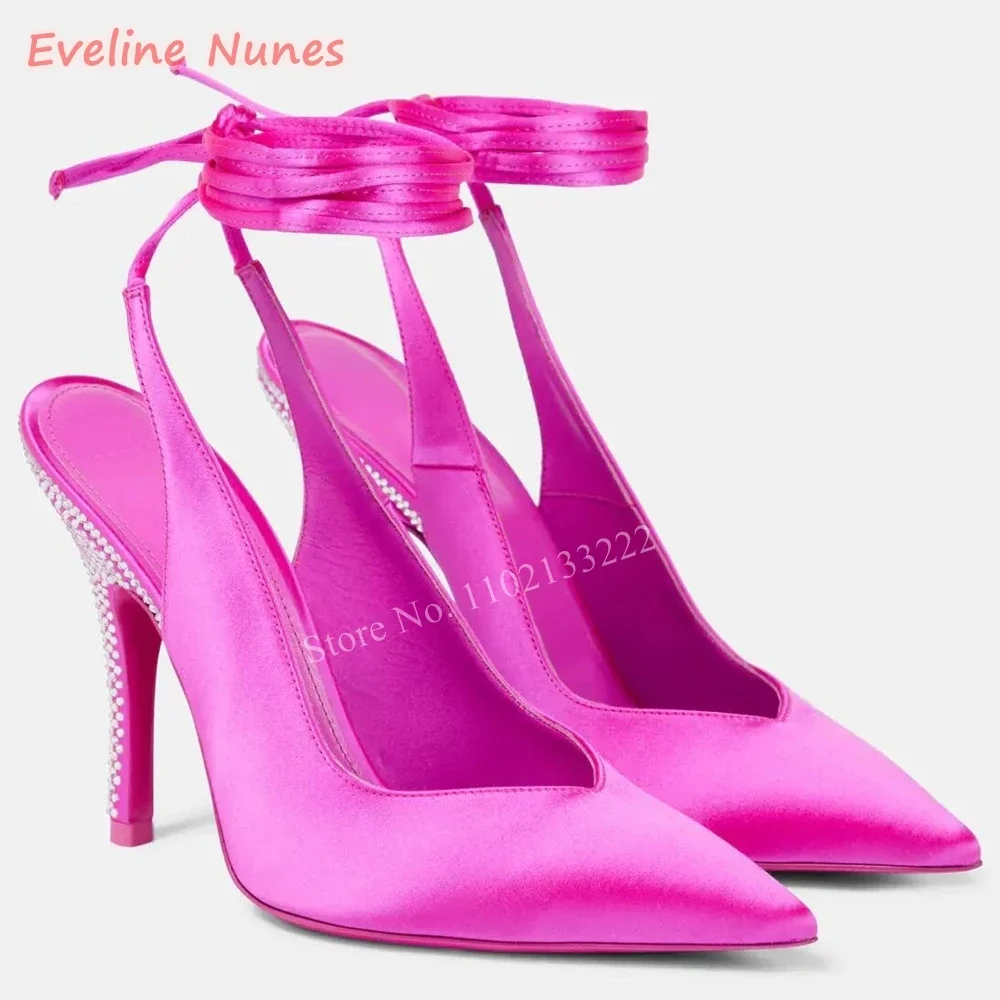 

Rhinestone Stiletto Satin Pumps Women's Thin High Heel Pointed Toe Ankle Cross Strap Fashion Elegant Summer Plus Size Shoes