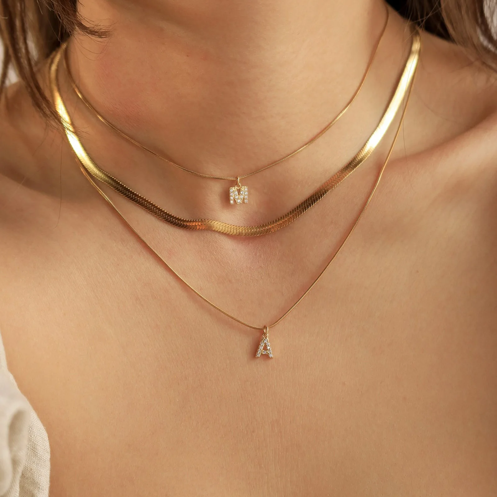 Stainless Steel Zirconia Initial Letter Necklace for Women, A -Z  Alphabet Pendant Snake Chain Collar Layered Jewelry