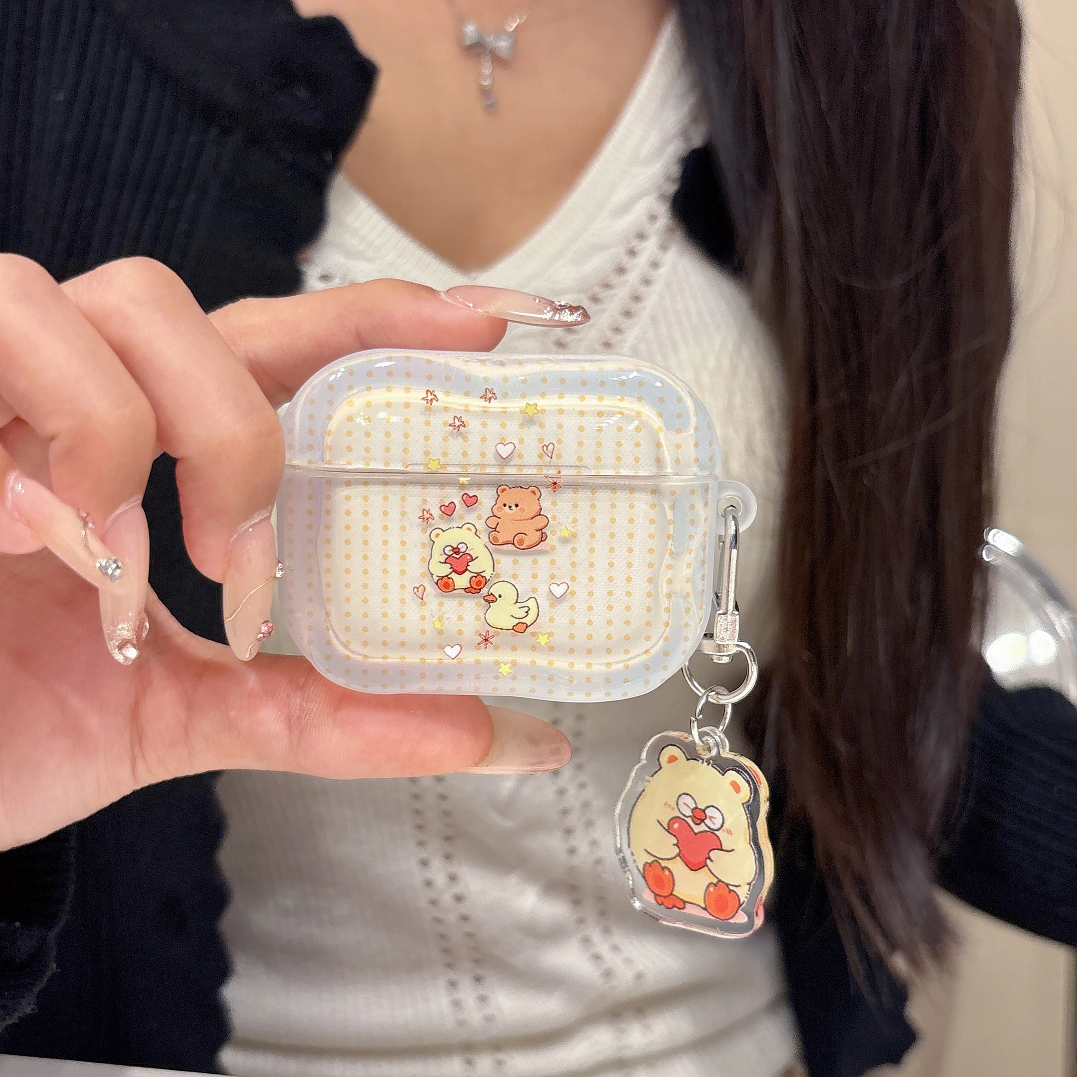 Cartoon Lines Bear Duck Love Star Orange Polka Dots Pattern Transparent Earphone Cover Case For AirPods 1 2 3 4 5 Pro Pro2 Pro3