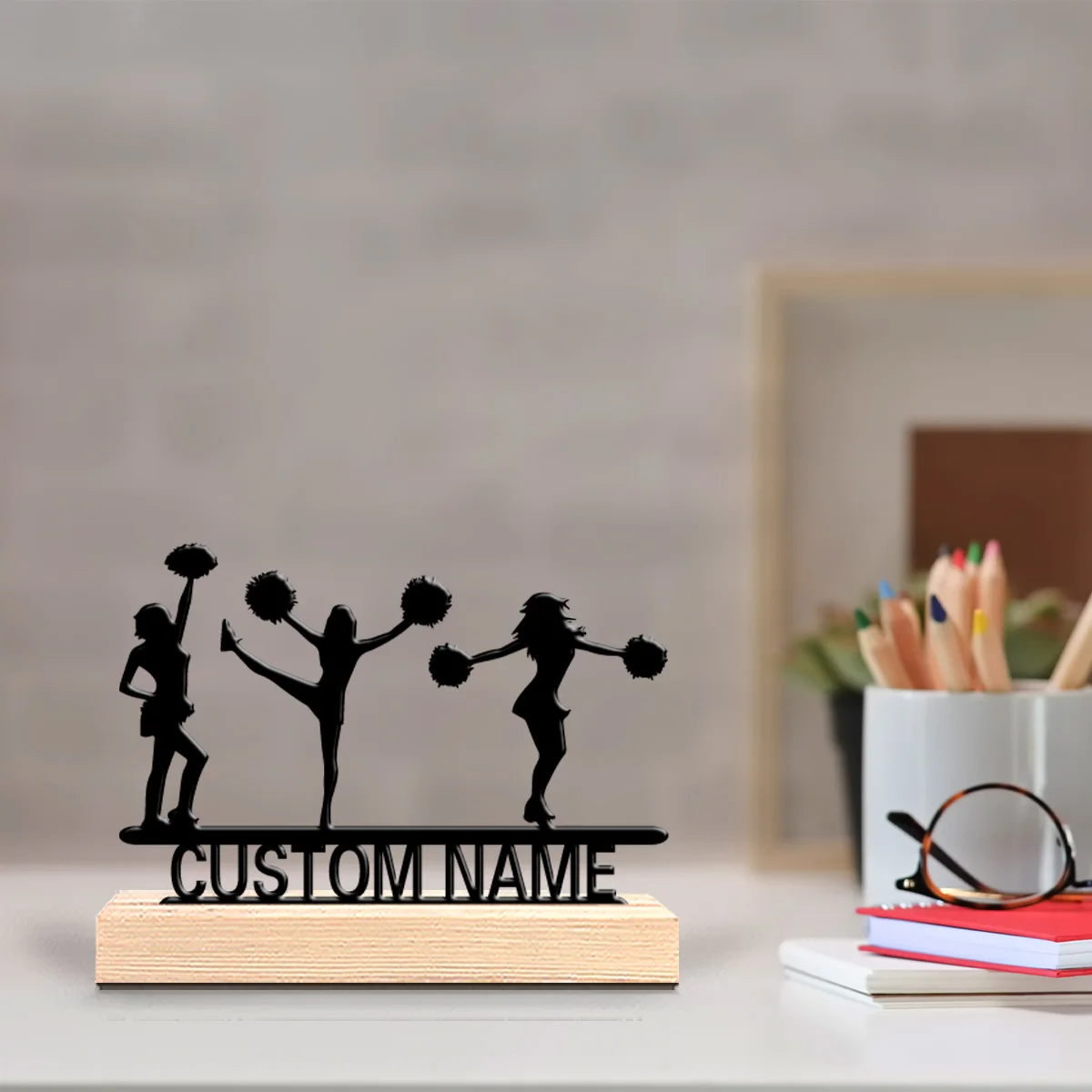 1pc Creative cheerleading Personalized Letter Metal Statue Iron Ornament Figurine With Wood Base Metal Ornament Bedroom Table