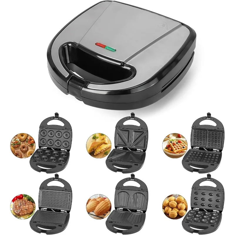 Mini máquina para hacer gofres 6 en 1 con platos extraíbles, mini máquina para hacer donuts, sandwichera para desayuno múltiple con superficie antiadherente