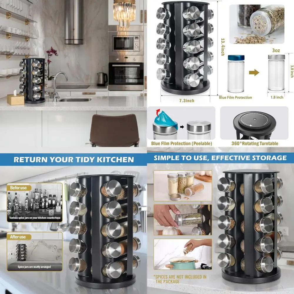 

Rotating 20-Jar Spice Rack Organizer with Labels and Funnel for Kitchen Countertop or Cabinet