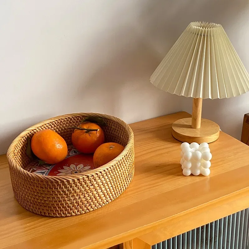 

Natural Food Woven Tray Box Round Handwoven Rattan Storage Baskets Home Living Room Dinner Table Snack Fruit Vegetable Basket