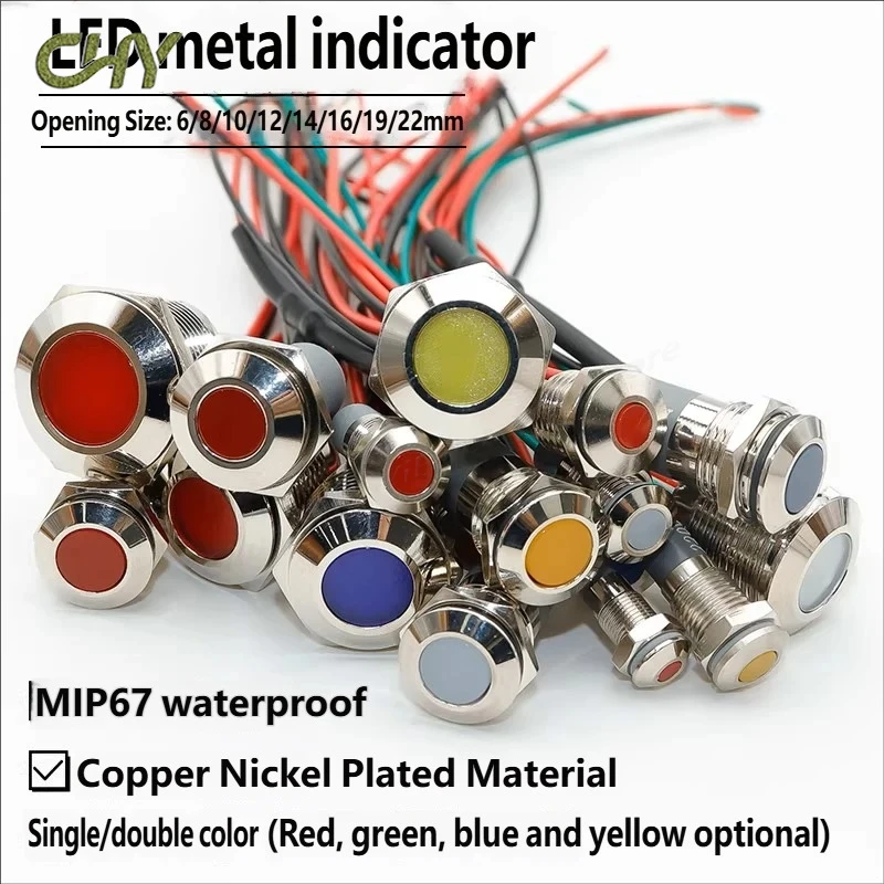 LED Metal Indicator Light Waterproof Wired Single Dual Color Luminous Signal Power Light Flat Red Yellow Blue Green Light