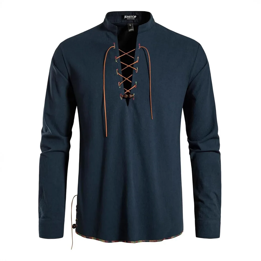 Men Tops Henley Neck Full Sleeve Y2k Streetwear Solid Lace Up High Street Casual Work Slim Fit Basics Simple Daily 2026 Summer