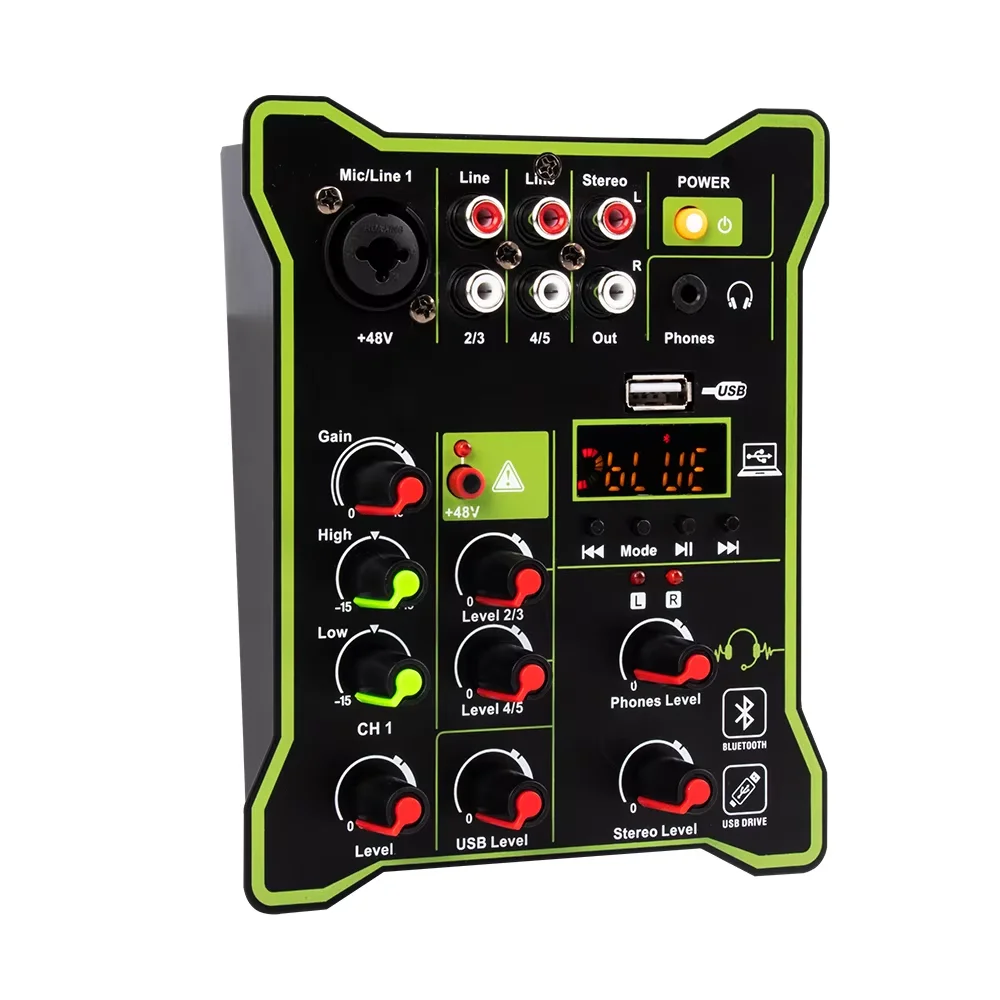 Mini Mixing Console Podcast 4 Channels Sound Card Audio Mixer Individual 48V Bluetooth USB PC Play Record