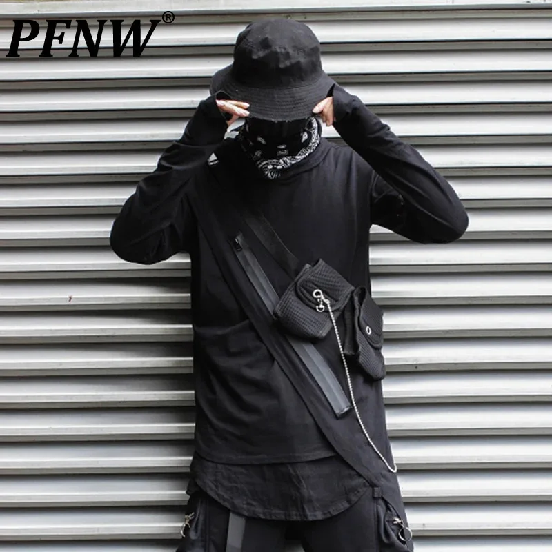 

PFNW Dark Style Men's T-shirts Zipper Patchwork Irregularity Hem Hooded Solid Color Long Sleeve Male Clothing Autumn 2024 12C703