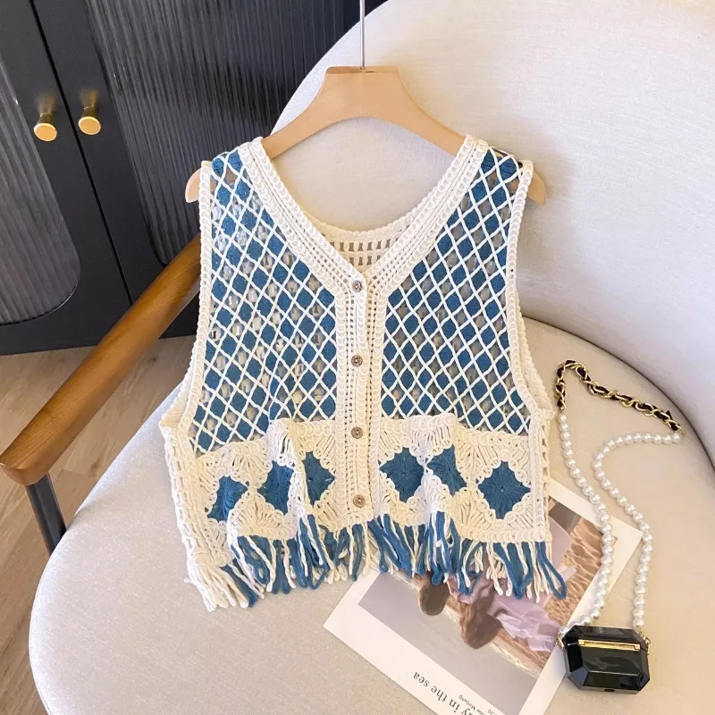 Knitted Vest Women  Spring Summer New Ethnic Style Diamond Plaid Sleeveless Seaside Vacation Hollowed Out Camisole Coats