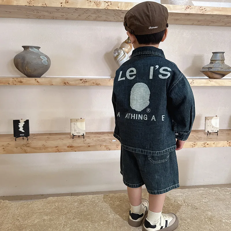 Angel Prince Princess Children's Suit 2025 Spring Boys Denim Long Sleeve Shirt Boys Denim Shorts Two-piece Children's Clothing