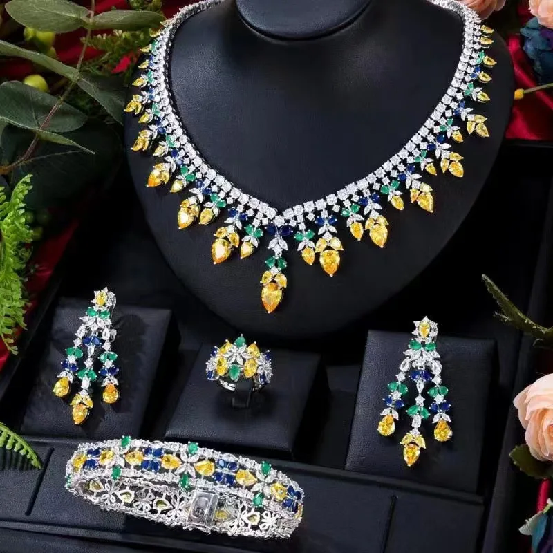 Fashion Women Christmas Gifts Copper Inlaid Turquoise Heart Water Drop Tassel 4Pcs Jewelry Set Necklace Earrings Ring Bracelet