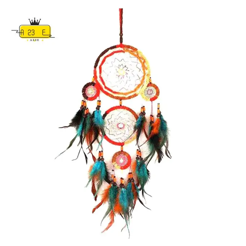 A23E-Handwoven Five Ring Colorful Feather Dream Catcher Net, Wall Decoration, Handmade Dream Catcher Net And Bell Sound